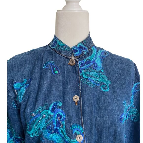 Vintage Chico's Embroidered Paisley Blue Denim Jacket Size 0 (Small) - Picture 3 of 5